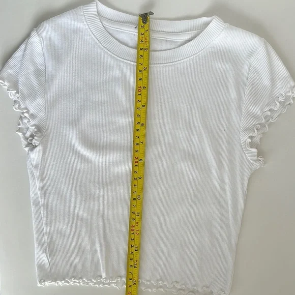 White Ribbed Women's Cropped Tee with Lettuce Hem - Picture 7 of 7